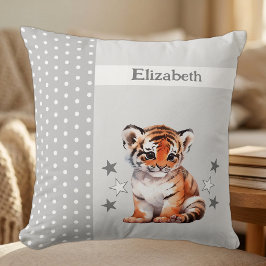 Cojín Decorativo Habitación de niños añadir nombre tigre gris lindo