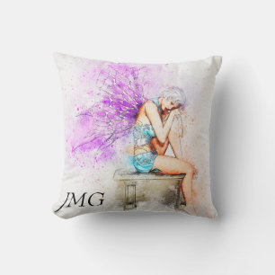 Cojín Decorativo Hada acuarela en azul con monograma