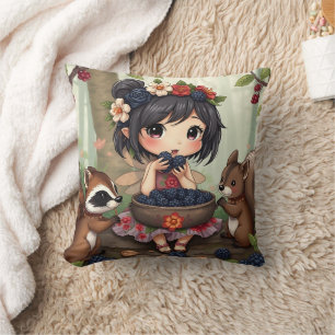 Cojín Decorativo Hada Chibi y animales del bosque 