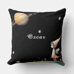 Cojín Decorativo Hada contemplando el espacio con planetas