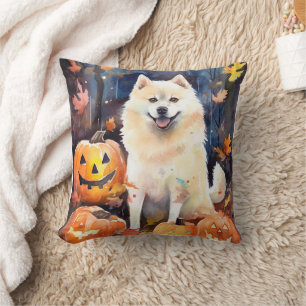 Cojín Decorativo Halloween American Akita Con Calabazas Espeluznant