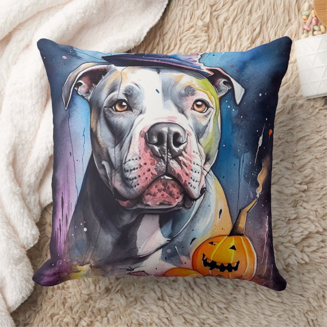 Cojín Decorativo Halloween American Staffordshire Con Calabazas (Manta)