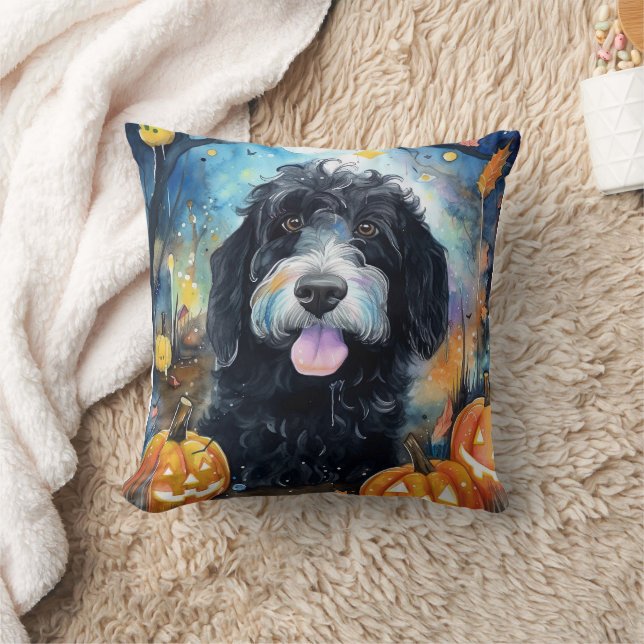 Cojín Decorativo Halloween Bernedoodle Con Calabazas Asustadas (Manta)