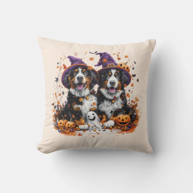 Cojín Decorativo Halloween Bernese Mountain Dogs Witch Ghost (Anverso)