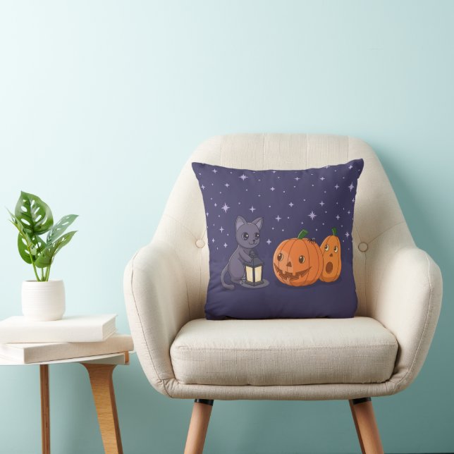 Cojín Decorativo Halloween Black Cat Pumpkins Lantern Purple (Silla)
