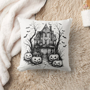 Cojín Decorativo Halloween blanco y negro de la casa embrujada