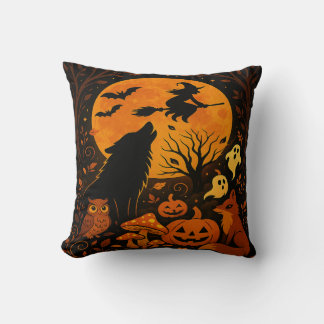 Cojín Decorativo Halloween Broom Flying Witch and Moon Throw Pillow