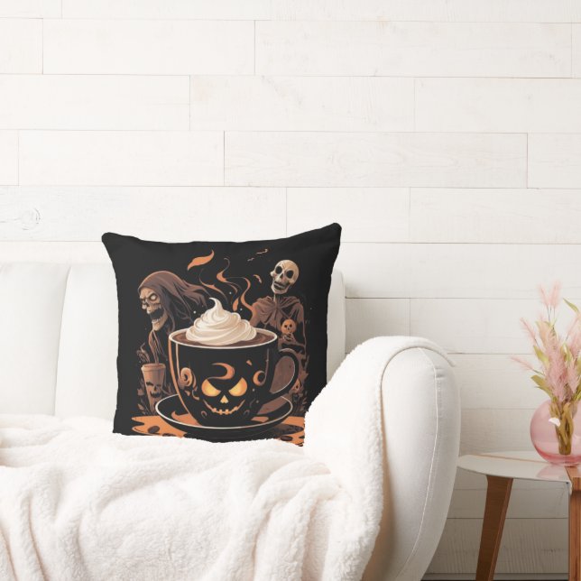 Cojín Decorativo Halloween Coffee Art – Spooky Latte with Skeletons (Sofá)