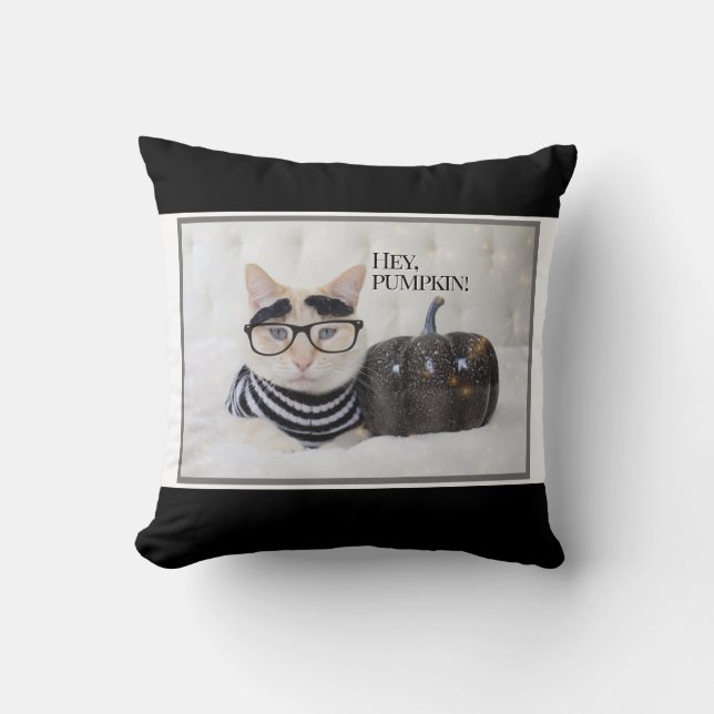Cojín Decorativo Halloween de gato lindo "Hey calabaza" (Anverso)