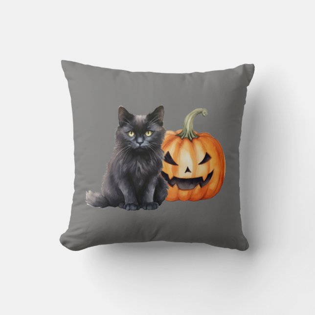 Cojín decorativo Halloween de Gato Negro y Calabaz (Anverso)