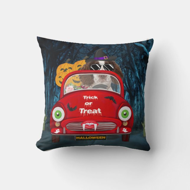 Cojín Decorativo Halloween de miedo en auto de perrito español Spri (Anverso)