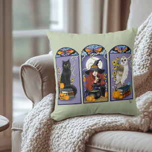 Cojín Decorativo Halloween del Gato de la Bruja de Art Nouveau