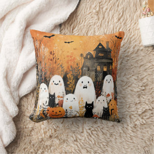 Cojín Decorativo Halloween fantasmas, gatos negros y murciélagos,