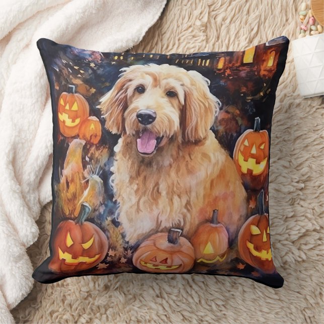 Cojín Decorativo Halloween Goldendoodle con calabazas aterradoras (Manta)