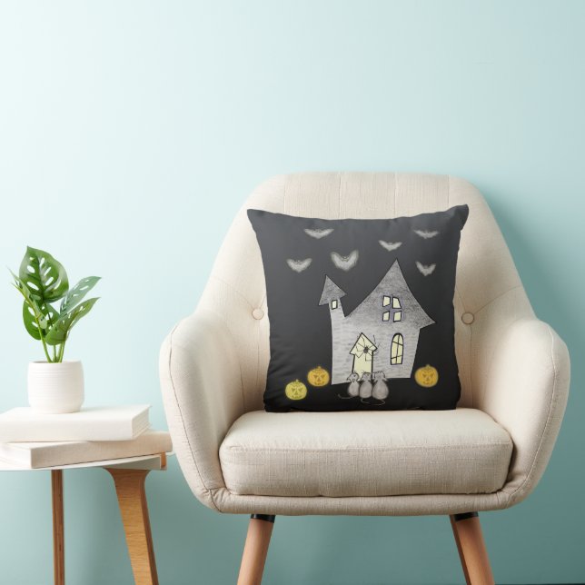 Cojín Decorativo Halloween House, gatos negros, murciélagos, calaba (Silla)