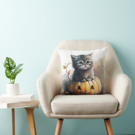 Cojín Decorativo Halloween Kitten color agua en una linterna Jack-o