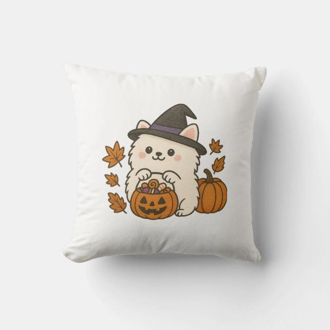 Cojín Decorativo Halloween Kussen – Pomeranian met Heksenhoed (Anverso)
