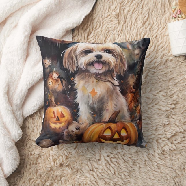 Cojín Decorativo Halloween Lhasa Apso Con Calabazas Temerosas (Manta)