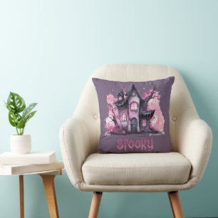 Cojín Decorativo Halloween morado de la casa con fantasía rosada y 