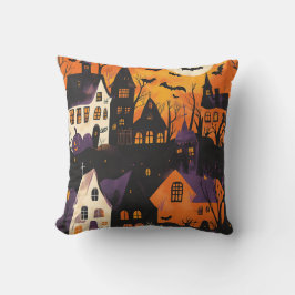 Cojín Decorativo Halloween, Naranja púrpura espantado de la aldea d