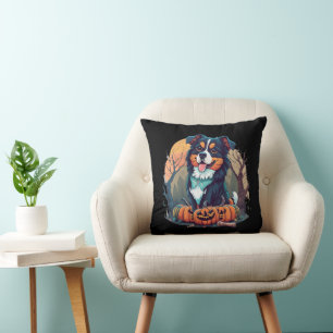 Cojín Decorativo Halloween Otoño Perro de montaña Bernés con calaba