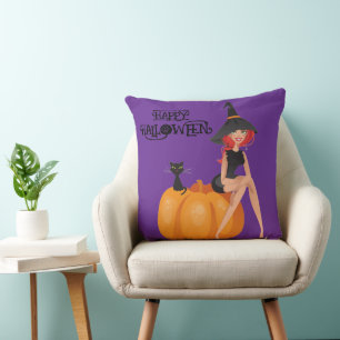 Cojín Decorativo Halloween Personalizado Whimsical Cute Witch Purpl