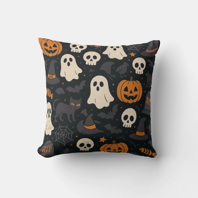 Cojín Decorativo Halloween pumpkin, RIP, ghost pattern pillow (Anverso)