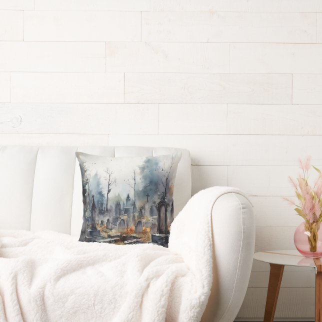 Cojín Decorativo Halloween rosado de cementerio espeluznante y espe (Sofá)