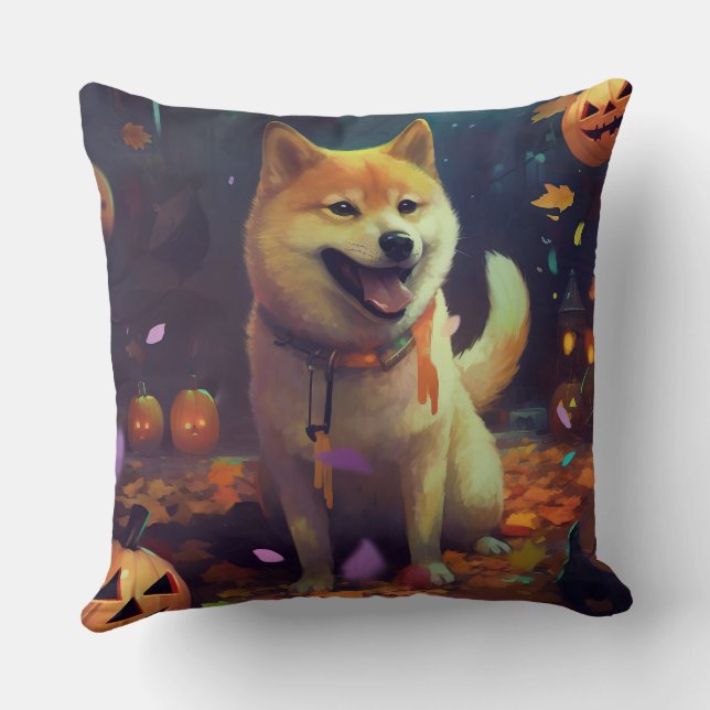 Cojín Decorativo Halloween Shiba Inu con calabazas aterradoras (Reverso )