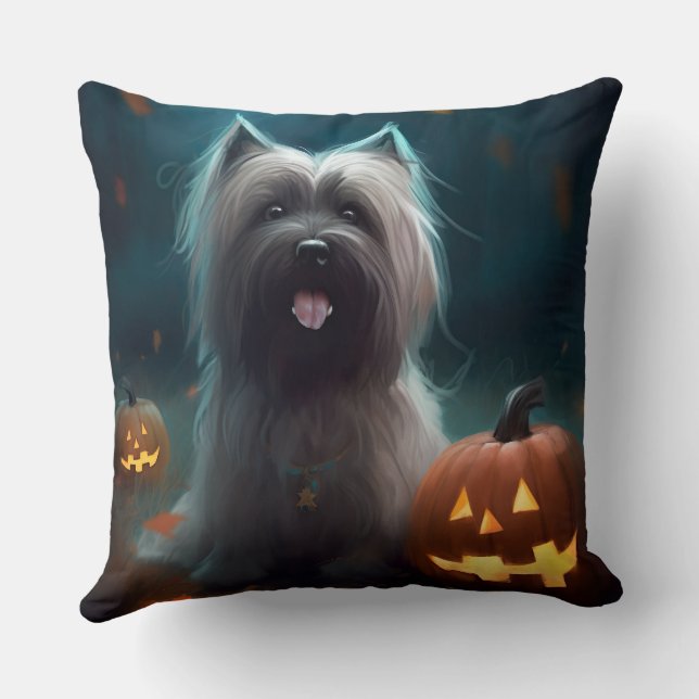 Cojín Decorativo Halloween Skye Terrier con calabazas aterradoras (Reverso )