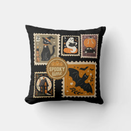 Cojín Decorativo Halloween Spooktime Postal Stamams Ghost Bat Cat