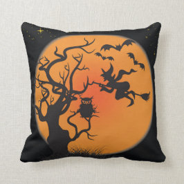 Cojín Decorativo Halloween Witch Moon Bat Naranja decorativo negro