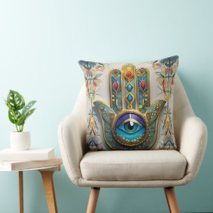 Cojín Decorativo Hamsa de tercer ojo azul-verde con filigrana color