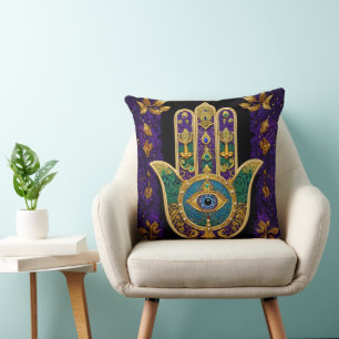 Cojín Decorativo Hamsa del Tercer Ojo Dorado Ornamentado