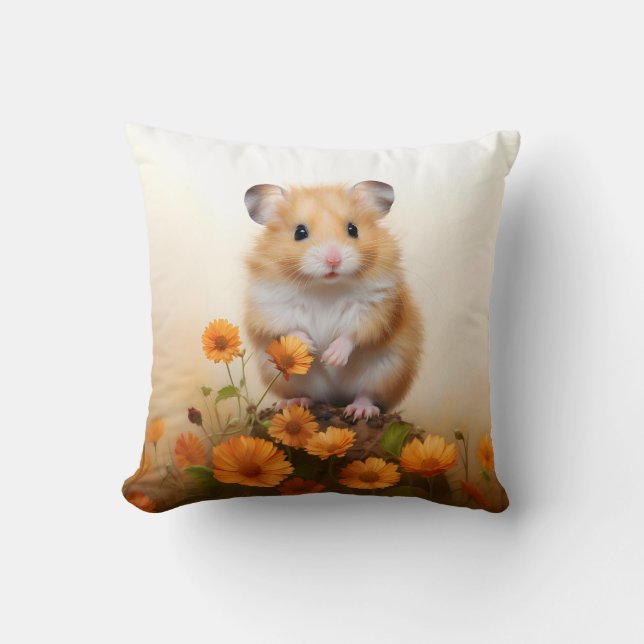 Cojín Decorativo Hamster Entre Flores Naranjas (Anverso)