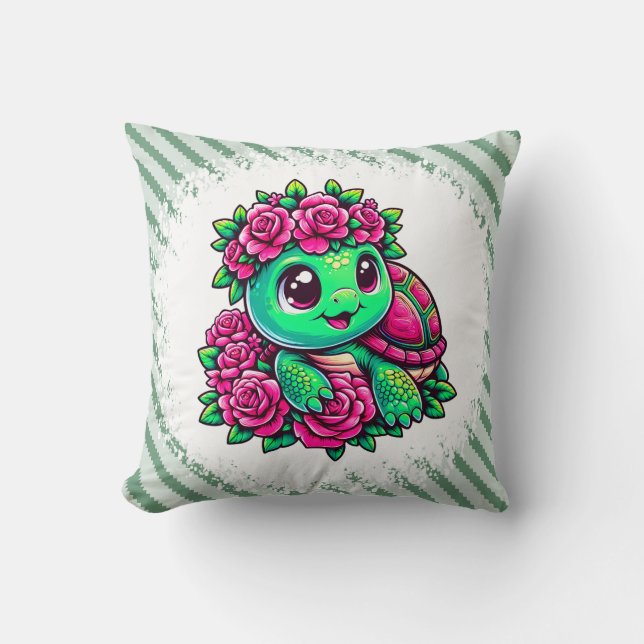 Cojín Decorativo Happy Green Turtle with Pink Roses (Anverso)