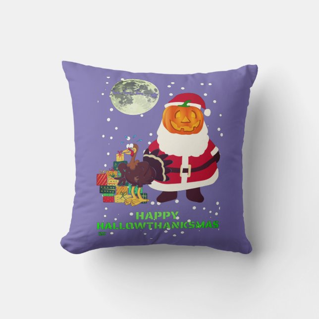Cojín Decorativo "HAPPY HALLOWTHANKSMAS" regalo de fiesta navideña  (Anverso)