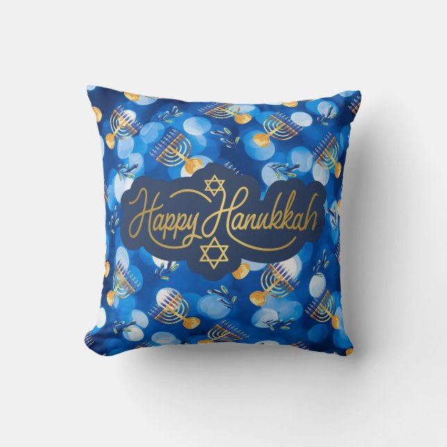 Cojín Decorativo Happy Hanukkah Blue And White (Anverso)