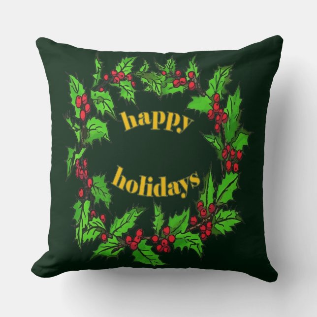 Cojín Decorativo Happy Holidays Christmas Holly Wreath (Anverso)