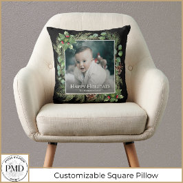 Cojín Decorativo Happy Holidays Photo Wreath Greenery 