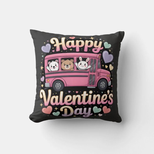 Cojín Decorativo Happy Valentine's Day School Bus (Anverso)