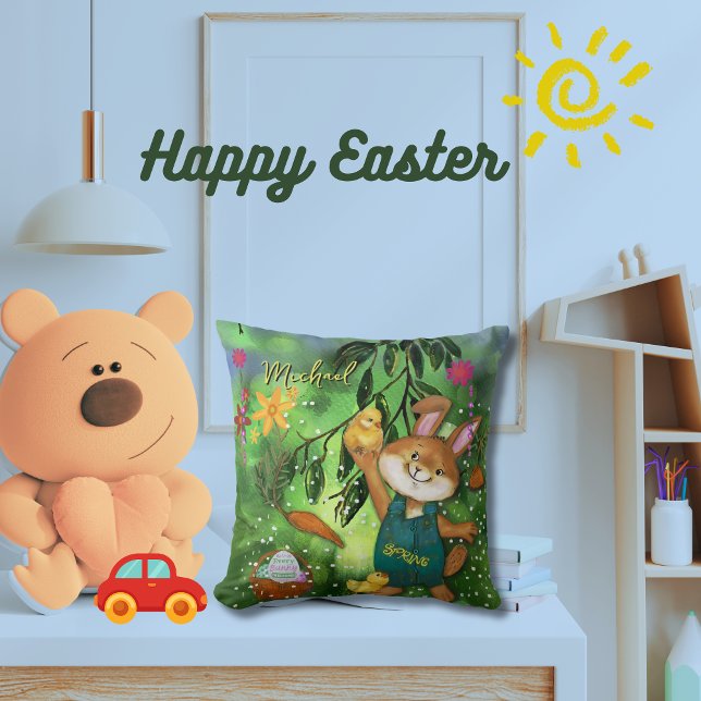 Cojín Decorativo Harina de Pascua y pollos (Watercolor Easter Bunny & chickens Throw Pillow)