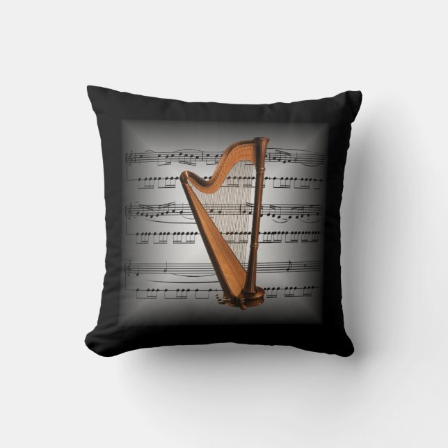Cojín Decorativo Harp ~ 3-D Hoja Música ~ Pillow Gris/Negro ~ (Anverso)