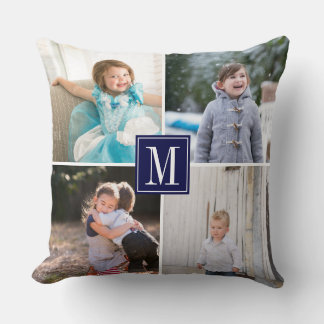 Cojín Decorativo Haz tu propio collage de fotos y azul marino monog