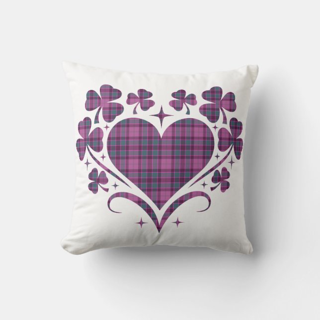 Cojín Decorativo Heart Shamrock Plaid Purple Teal Tartan Clover (Anverso)