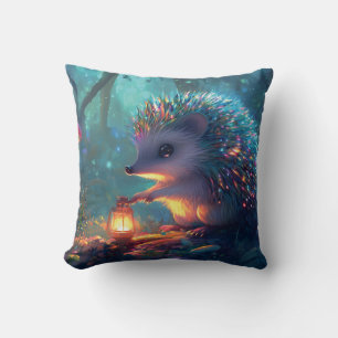 Cojín Decorativo Hedgehog caprichoso y linterna en un bosque encant