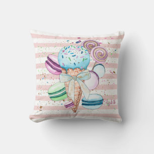 Cojín Decorativo Helado de acuarela,Macarrones,Rayas rosadas
