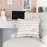 Cojín Decorativo Hello Gorgeous Pink Stripe & Blush Peony Floral<br><div class="desc">Hey gorgeous! Square throw pillow features a delicate pink stripe background,  faux gold border,  and a group of peonies in pretty blush tones,  with "Hello gorgeous" in gray and pink type. Coordinates with our Pink Stripe & Blush Peony invitation suites,  office supplies,  home goods and accessories.</div>