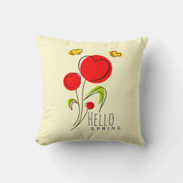 Cojín Decorativo Hello Spring Text with Cute Red Heart Flowers
