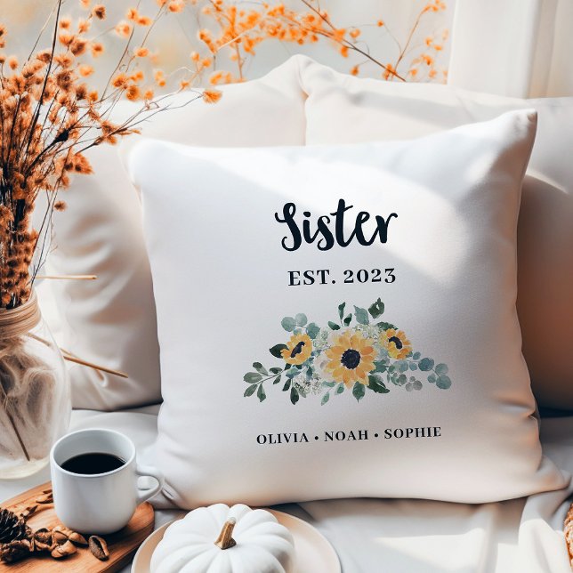 Cojín Decorativo Hermana | Girasol rústico Bonito y nombres (A pretty, rustic keepsake pillow with sunflowers for your sister)